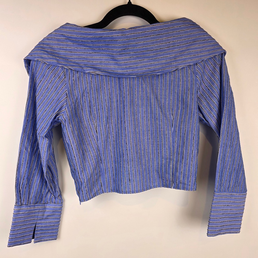 Just Bee Queen Blue Striped Ruched Crop Top Portrait Collar XS New Nautical - Picture 2 of 10